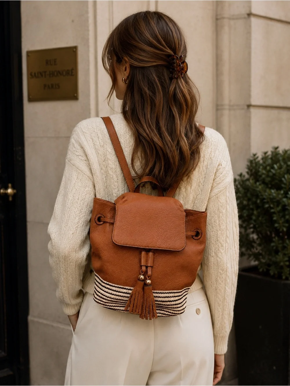 Rebecca Minkoff Cognac Brown Leather Raffia Backpack Purse Convertible Strap